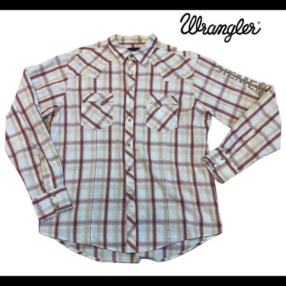 Men’s Wrangler cream red plaid check button down western shirt size large - Picture 1 of 11